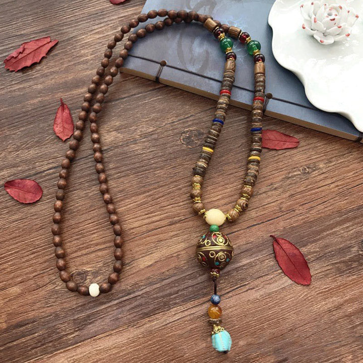 BWOOOH Tibetan Handmade Coconut Shell Schima Wood Great Bright Mantra Copper Bead Balance Necklace Pendant