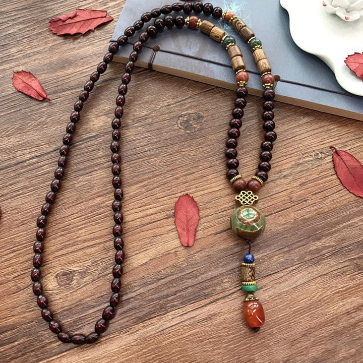 BWOOOH Peace and Protection Tibetan Handmade Wenge Wood Dzi Bead Elephant Head Necklace Pendant