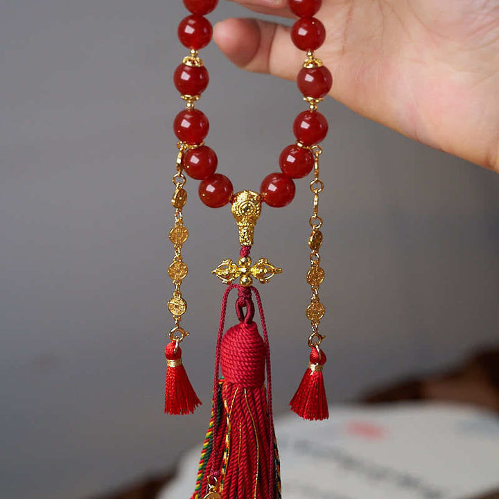 BWOOOH 18 Beads Copper Coins Tibet Tassel Red Agate Calm Wrist Mala