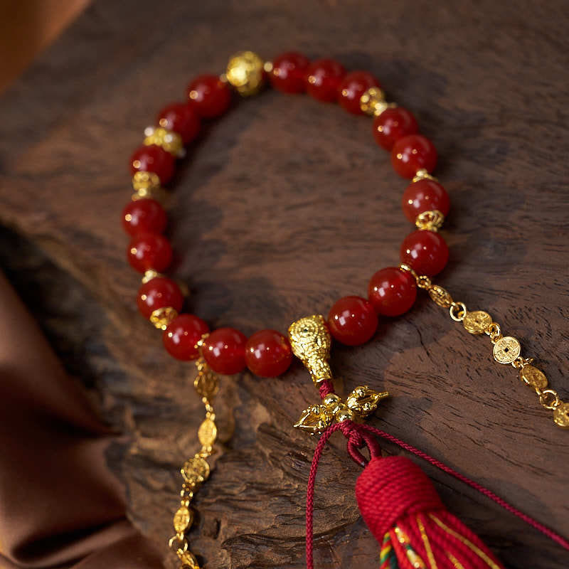 BWOOOH 18 Beads Copper Coins Tibet Tassel Red Agate Calm Wrist Mala