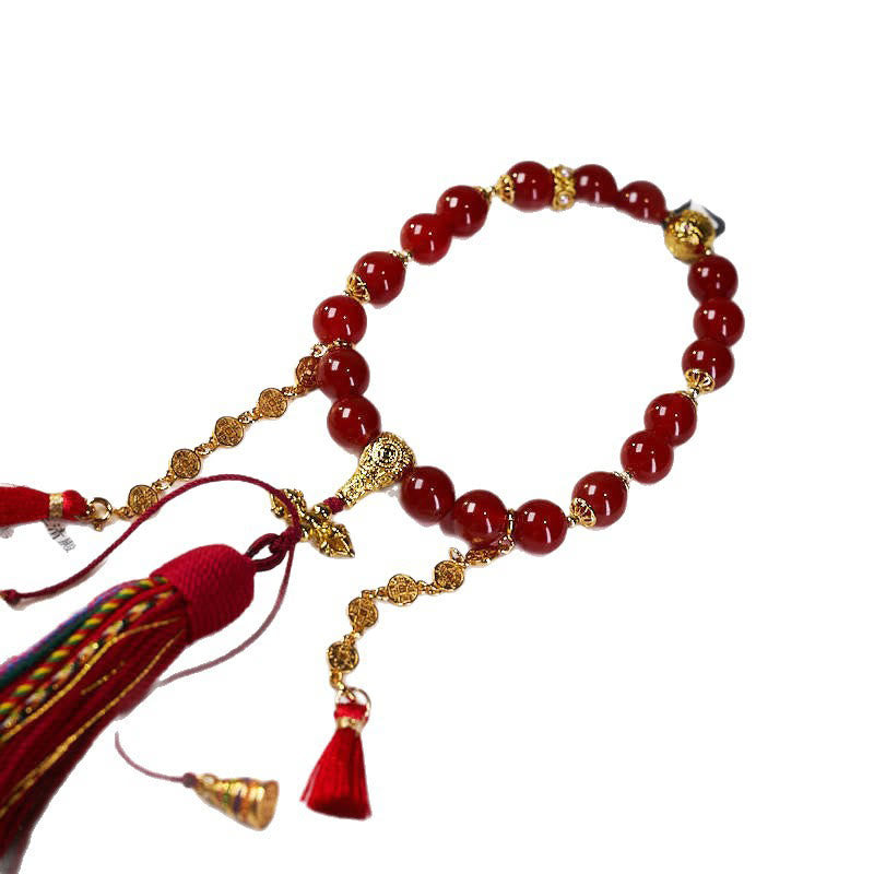 BWOOOH 18 Beads Copper Coins Tibet Tassel Red Agate Calm Wrist Mala
