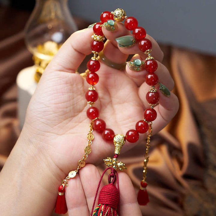 BWOOOH 18 Beads Copper Coins Tibet Tassel Red Agate Calm Wrist Mala