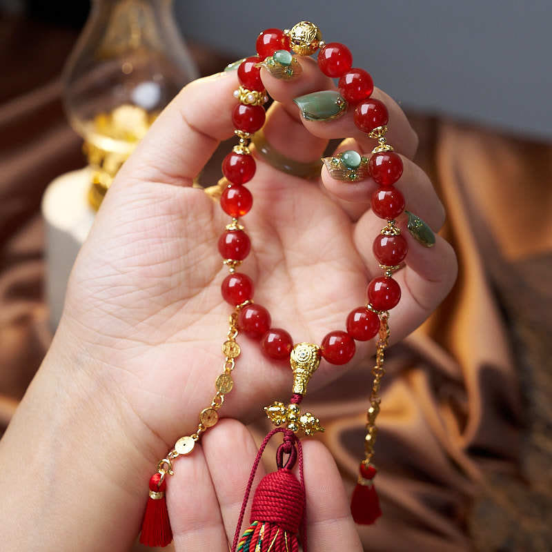 BWOOOH 18 Beads Copper Coins Tibet Tassel Red Agate Calm Wrist Mala