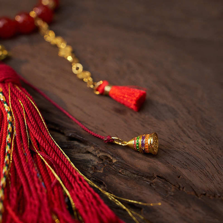 BWOOOH 18 Beads Copper Coins Tibet Tassel Red Agate Calm Wrist Mala