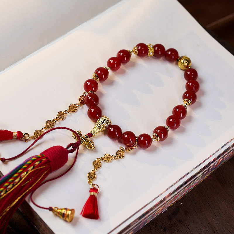 BWOOOH 18 Beads Copper Coins Tibet Tassel Red Agate Calm Wrist Mala