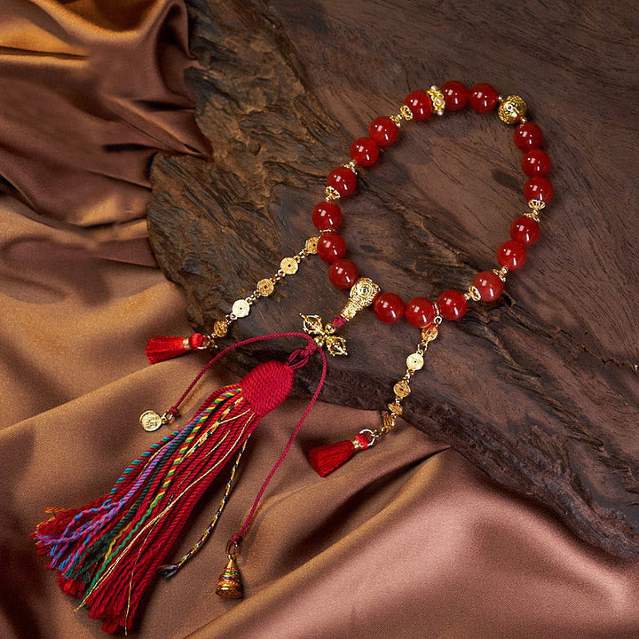 BWOOOH 18 Beads Copper Coins Tibet Tassel Red Agate Calm Wrist Mala