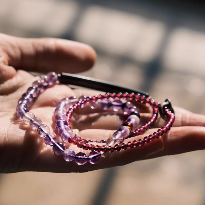 BWOOOH Retro 6mm Amethyst 4mm Garnet Multilayer Balance Bracelet