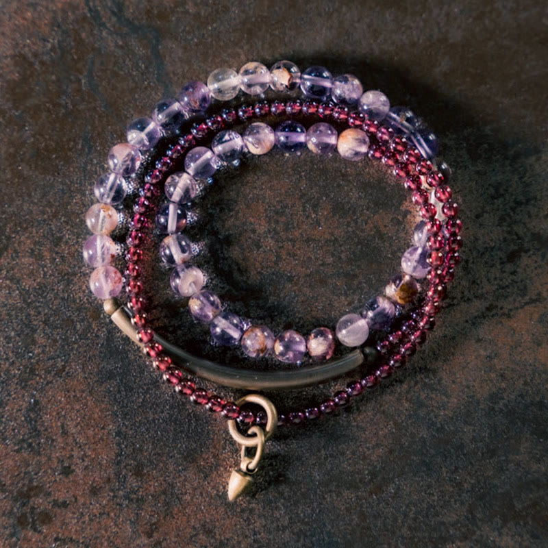 BWOOOH Retro 6mm Amethyst 4mm Garnet Multilayer Balance Bracelet