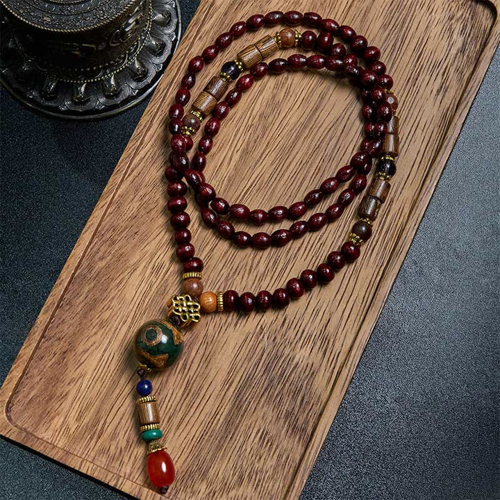 BWOOOH Tibetan Handmade Wenge Wood Protection Dzi Bead Elephant Head Necklace Pendant