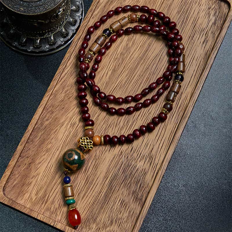 BWOOOH Peace and Protection Tibetan Handmade Wenge Wood Dzi Bead Elephant Head Necklace Pendant