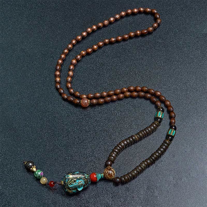 BWOOOH Tibetan Handmade Wenge Wood Protection Dzi Bead Elephant Head Necklace Pendant