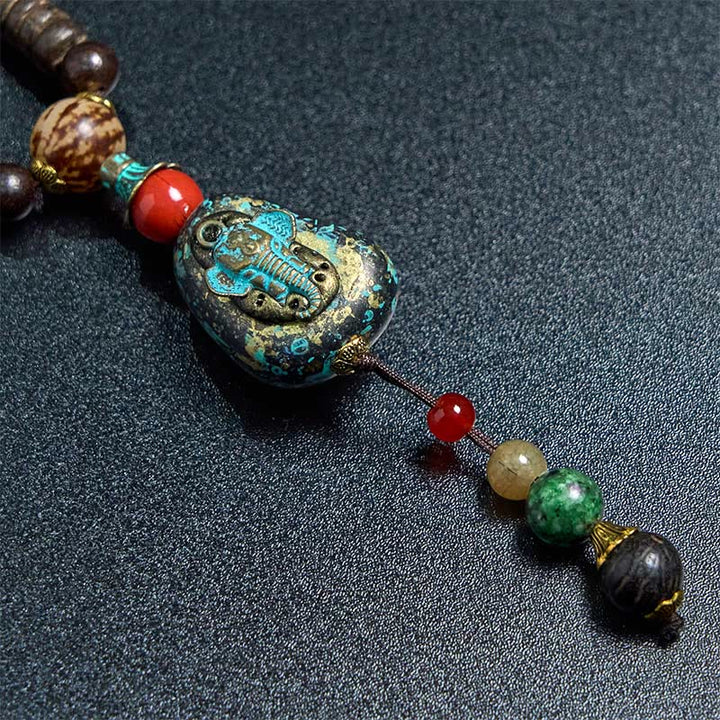 BWOOOH Peace and Protection Tibetan Handmade Wenge Wood Dzi Bead Elephant Head Necklace Pendant