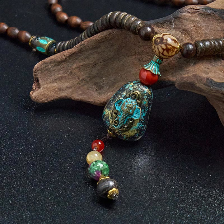 BWOOOH Peace and Protection Tibetan Handmade Wenge Wood Dzi Bead Elephant Head Necklace Pendant