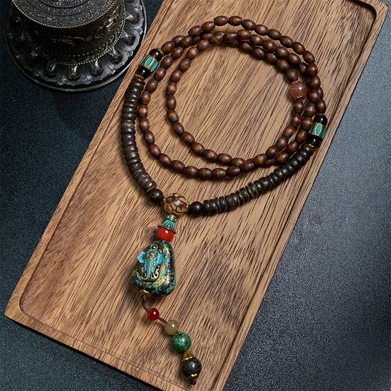 BWOOOH Peace and Protection Tibetan Handmade Wenge Wood Dzi Bead Elephant Head Necklace Pendant