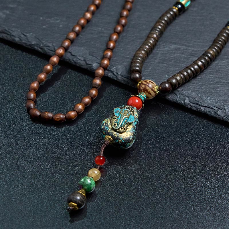 BWOOOH Tibetan Handmade Wenge Wood Protection Dzi Bead Elephant Head Necklace Pendant