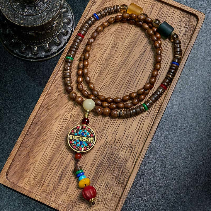 BWOOOH Tibetan Handmade Coconut Shell Schima Wood Great Bright Mantra Copper Bead Balance Necklace Pendant