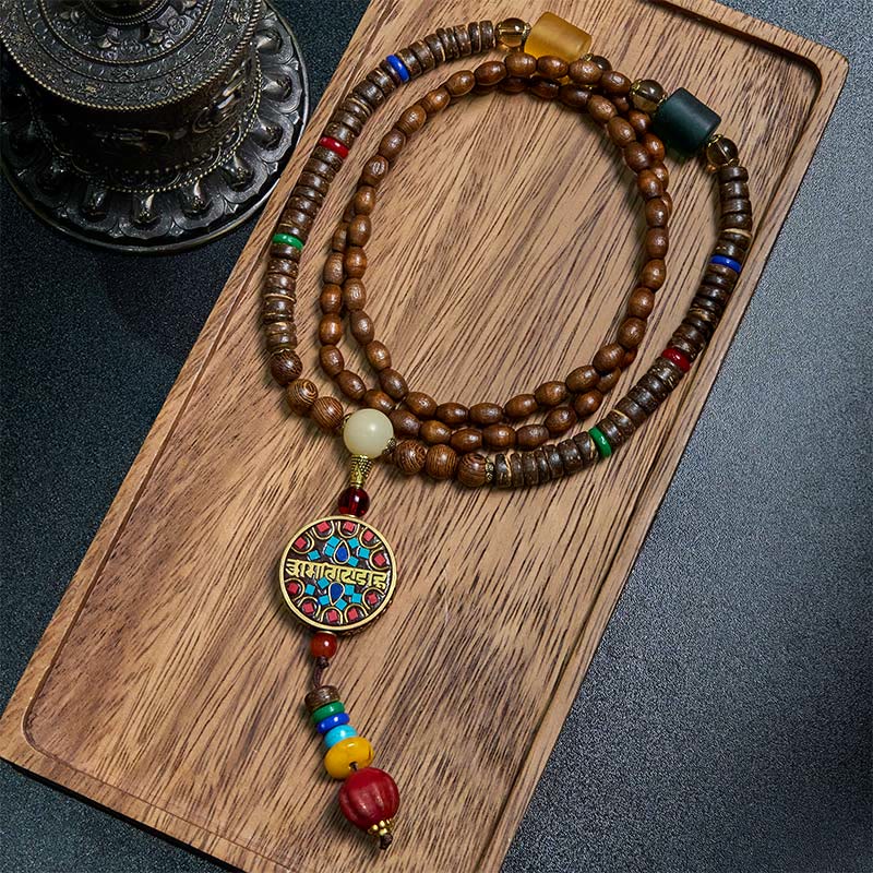 BWOOOH Tibetan Handmade Coconut Shell Schima Wood Great Bright Mantra Copper Bead Balance Necklace Pendant
