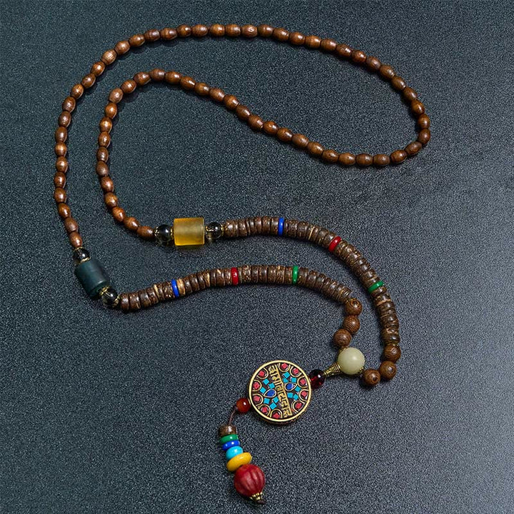 BWOOOH Tibetan Handmade Coconut Shell Schima Wood Great Bright Mantra Copper Bead Balance Necklace Pendant