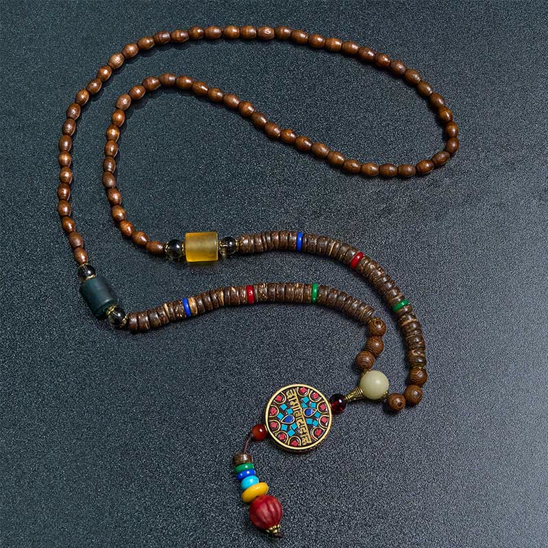 BWOOOH Tibetan Handmade Coconut Shell Schima Wood Great Bright Mantra Copper Bead Balance Necklace Pendant