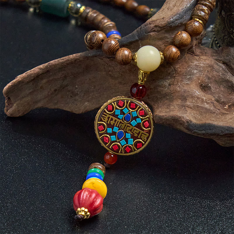 BWOOOH Tibetan Handmade Coconut Shell Schima Wood Great Bright Mantra Copper Bead Balance Necklace Pendant