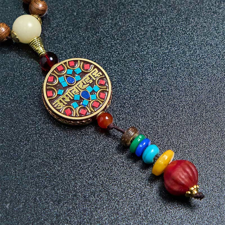 BWOOOH Tibetan Handmade Coconut Shell Schima Wood Great Bright Mantra Copper Bead Balance Necklace Pendant