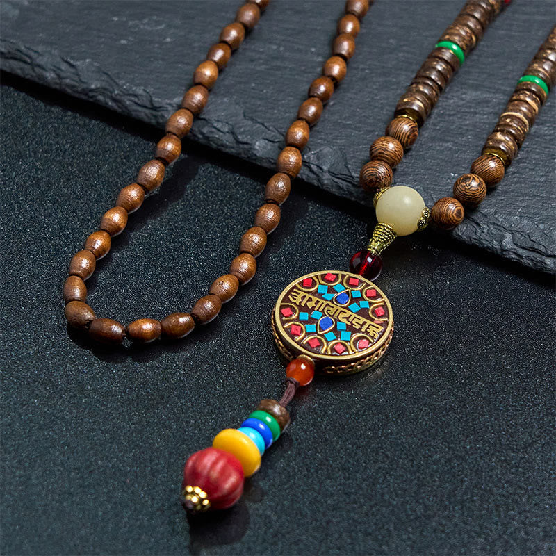 BWOOOH Tibetan Handmade Coconut Shell Schima Wood Great Bright Mantra Copper Bead Balance Necklace Pendant