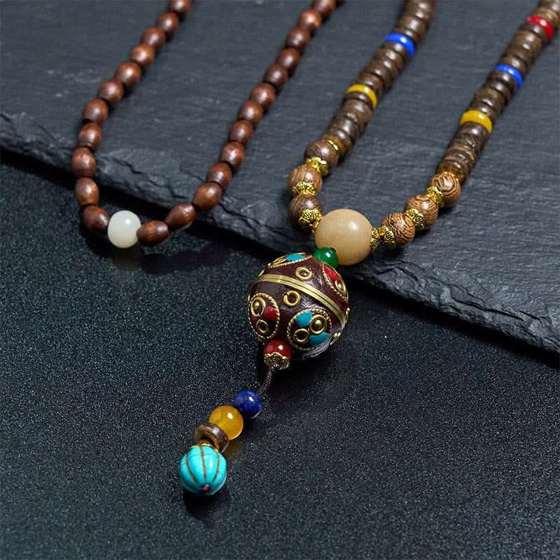 BWOOOH Tibetan Handmade Coconut Shell Schima Wood Great Bright Mantra Copper Bead Balance Necklace Pendant