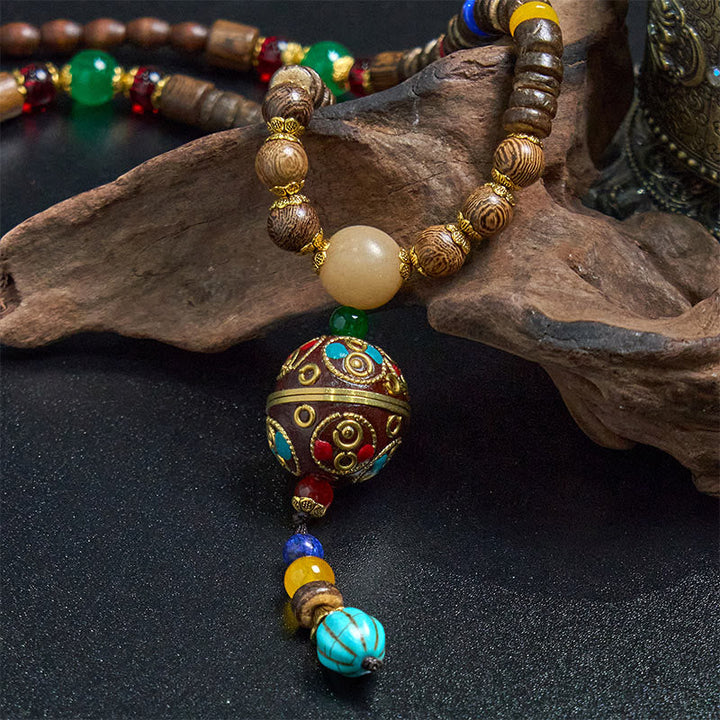 BWOOOH Tibetan Handmade Coconut Shell Schima Wood Great Bright Mantra Copper Bead Balance Necklace Pendant