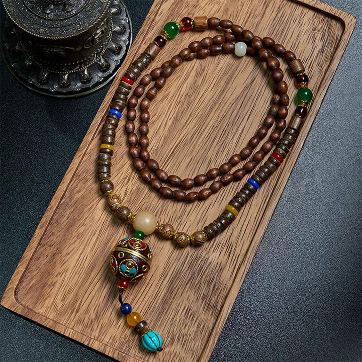 BWOOOH Tibetan Handmade Coconut Shell Schima Wood Great Bright Mantra Copper Bead Balance Necklace Pendant