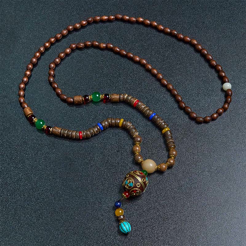 BWOOOH Tibetan Handmade Coconut Shell Schima Wood Great Bright Mantra Copper Bead Balance Necklace Pendant