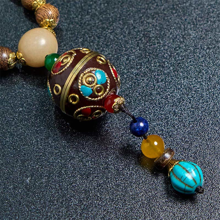 BWOOOH Tibetan Handmade Coconut Shell Schima Wood Great Bright Mantra Copper Bead Balance Necklace Pendant