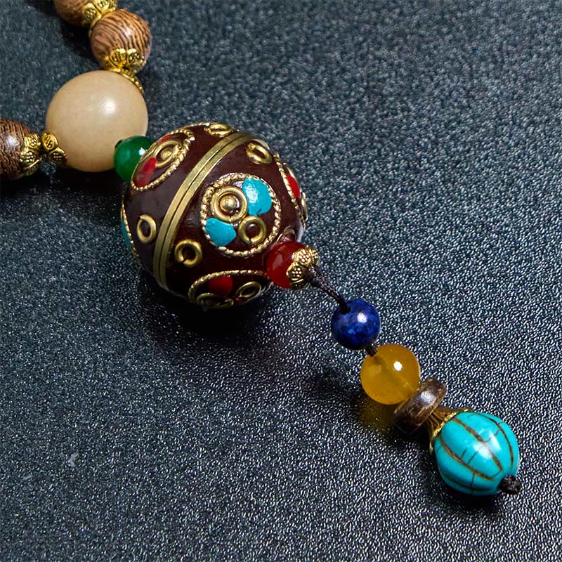 BWOOOH Tibetan Handmade Coconut Shell Schima Wood Great Bright Mantra Copper Bead Balance Necklace Pendant
