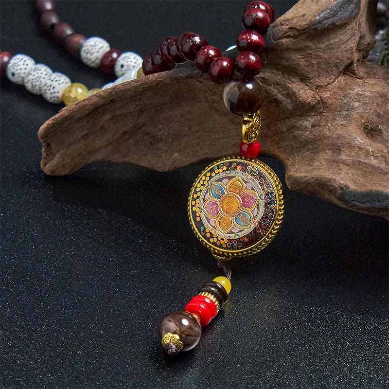 BWOOOH Tibetan Handmade Wood Beads Om Mani Padme Hum Samantabhadra Bodhisattva Purity Necklace Pendant