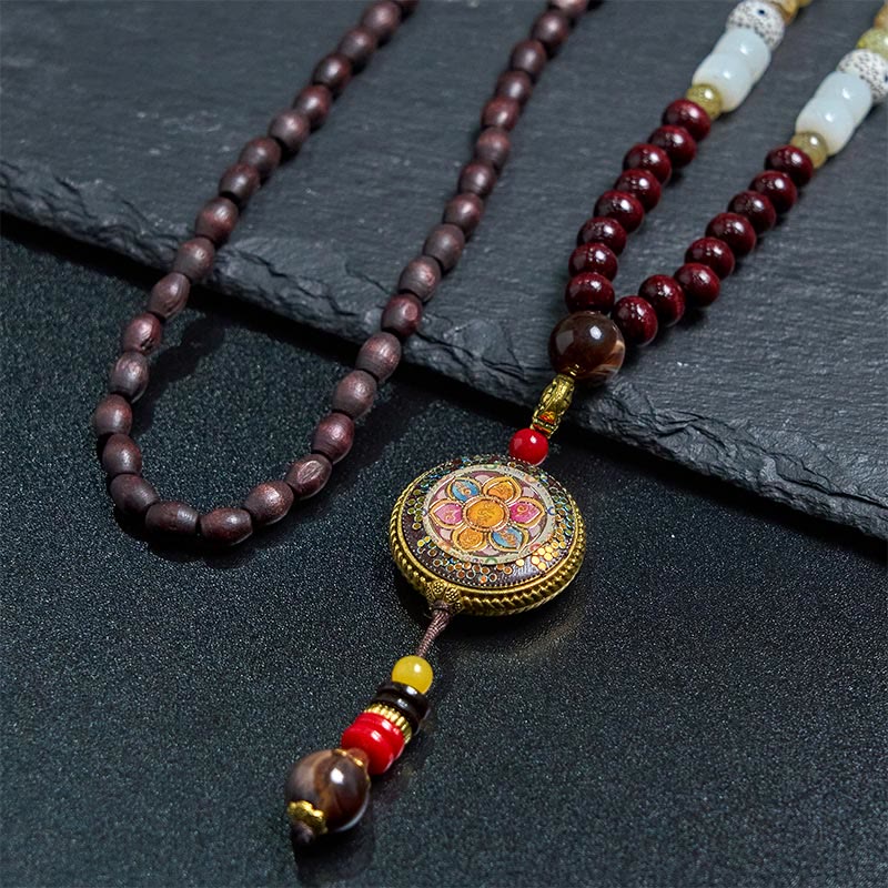 BWOOOH Tibetan Handmade Wood Beads Om Mani Padme Hum Samantabhadra Bodhisattva Purity Necklace Pendant