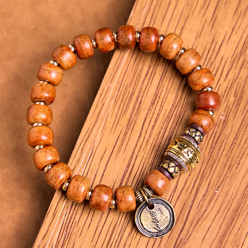 BWOOOH Natural Tibetan Camel Bone Barrel Beads OM Sanskrit Luck Protection Bracelet