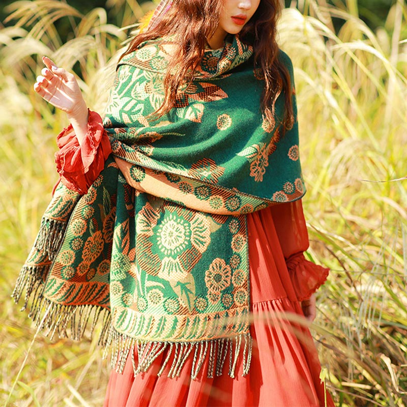 BWOOOH Tibetan Flower Floral Leaves Pattern Design Shawl 