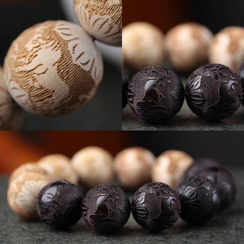Buddha Stones Ebony Wood Camphor Wood Yin Yang Ox Engraved Peace Bracelet