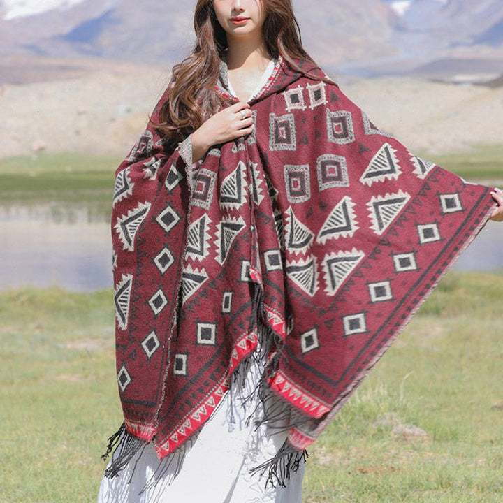 BWOOOH Tibetan Shawl Triangle Pattern Hooded Cloak Winter
