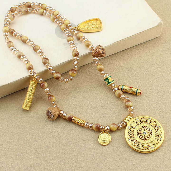 BWOOOH Tibetan Lotus Round Plate Golden Tiger Eye Beads Necklace Pendant