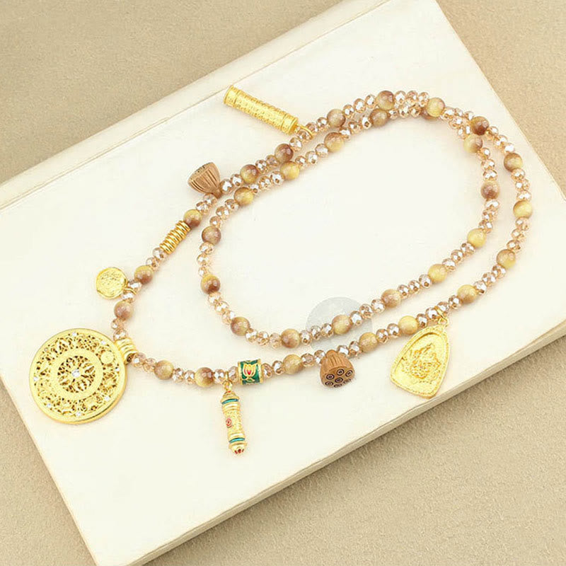 BWOOOH Tibetan Lotus Round Plate Golden Tiger Eye Beads Necklace Pendant