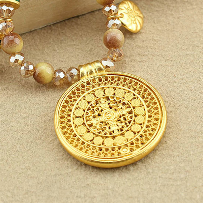 BWOOOH Tibetan Lotus Round Plate Golden Tiger Eye Beads Necklace Pendant