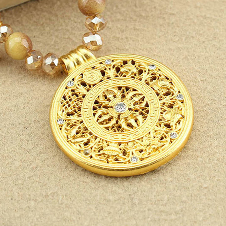 BWOOOH Tibetan Lotus Round Plate Golden Tiger Eye Beads Necklace Pendant