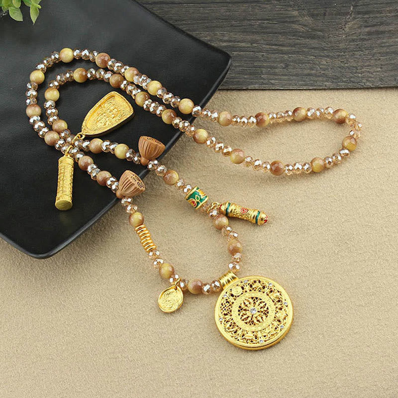 BWOOOH Tibetan Lotus Round Plate Golden Tiger Eye Beads Necklace Pendant