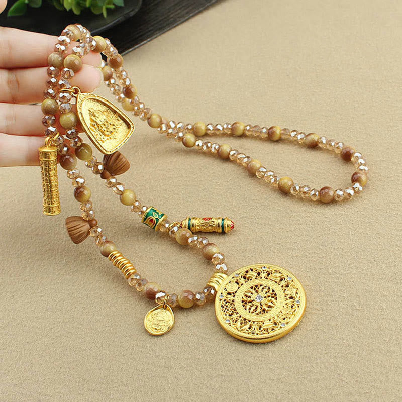 BWOOOH Tibetan Lotus Round Plate Golden Tiger Eye Beads Necklace Pendant