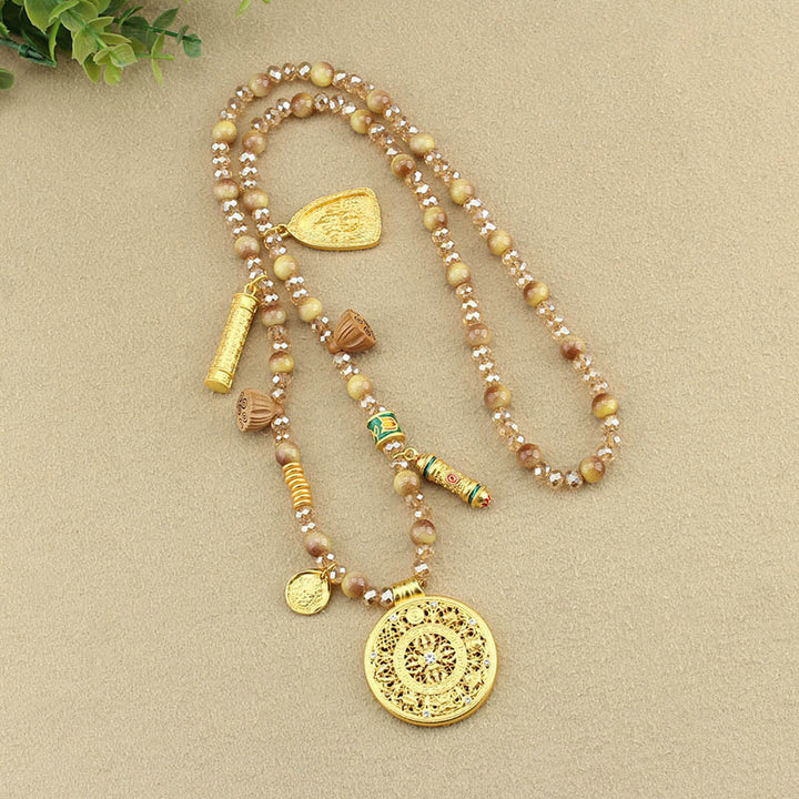 BWOOOH Tibetan Lotus Round Plate Golden Tiger Eye Beads Necklace Pendant