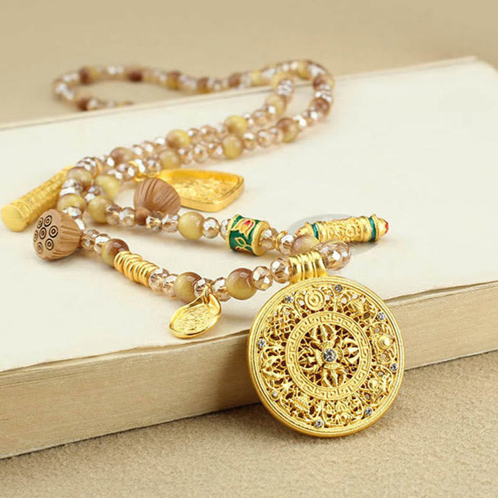 BWOOOH Tibetan Lotus Round Plate Golden Tiger Eye Beads Necklace Pendant