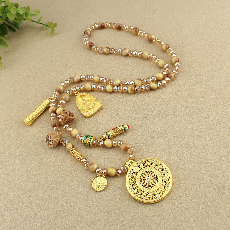 BWOOOH Tibetan Lotus Round Plate Golden Tiger Eye Beads Necklace Pendant