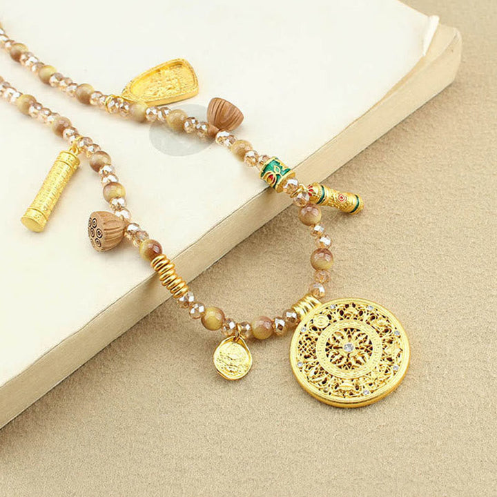 BWOOOH Tibetan Lotus Round Plate Golden Tiger Eye Beads Necklace Pendant
