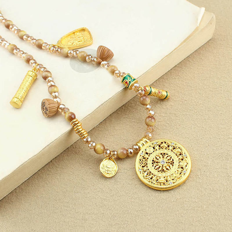 BWOOOH Tibetan Lotus Round Plate Golden Tiger Eye Beads Necklace Pendant
