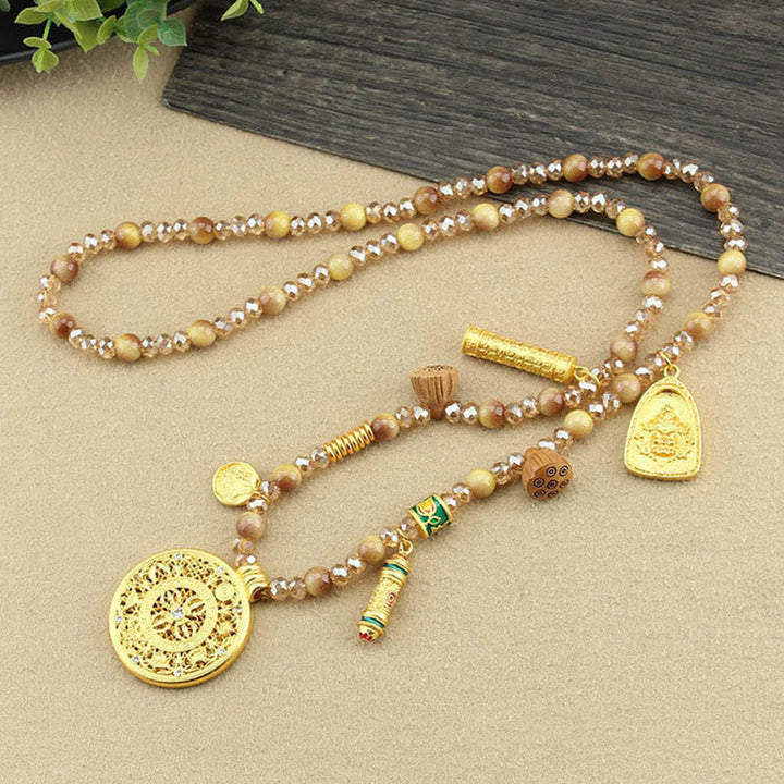 BWOOOH Tibetan Lotus Round Plate Golden Tiger Eye Beads Necklace Pendant